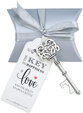 Makhry 50pcs Wedding Favours for Guests Key Bottle Openers Gift Set with Candy Box Gift Tag Silky Ribbon(Antique Silver)