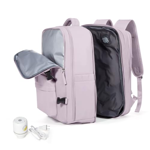 Vacuum Travel Backpack 45L Expandable Vacpack Backpacks with Pump, Large Carry on Personal Item Compression Bags for Women, Waterproof Work Laptop Casual Daypack, Pink