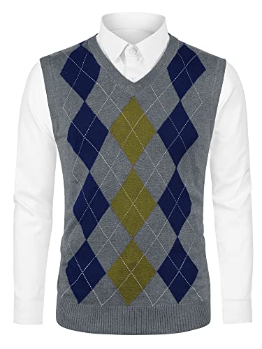 Lars Amadeus Men's Casual Argyle Vest Sweater V Neck Slim Fit Sleeveless Knit Pullover