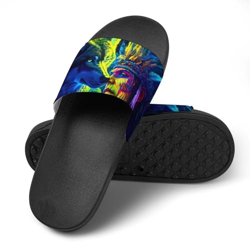 A Wolf And An Native (American-indian) Shower Slippers for Women Men Casual Non-Slip Slide Sandals Beach Bathroom Shoes4