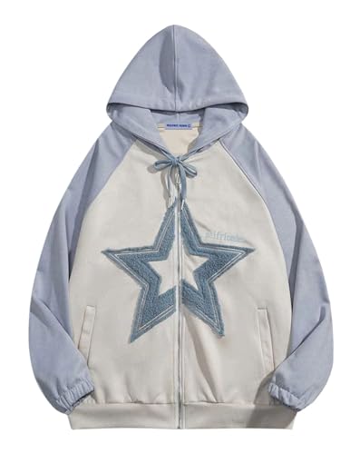 Aelfric Eden Suede Star Patchwork Full Zip Up Hoodie Oversized Graphic Hoodies Y2K Hooded Casual Sweatshirts Jackets