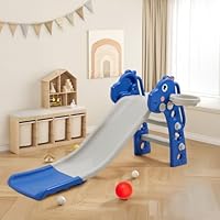 FUKEA Kids Slide, Toddler Slide with Climbing Frame, Basketball Hoop, Basketball, Indoor Outdoor Garden Slides for Toddlers Age 1-6, Blue Dinosaur