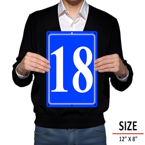 Image of Premium Aluminum Number Signs 18, Metal 12 inch X 8 inch Blue Numbered Signs Outdoor for Parking Lots, Floor, Dock, Court, Aisle, Field, High Visibility, No Fade, Weather-resistant