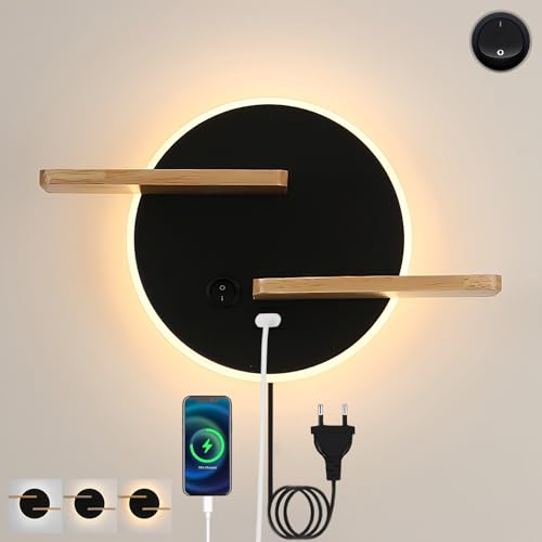 KZT Aplique de Pared con Interruptor y Enchufe, LED 9W Lampara Lectura Cama Puerto de Carga USB, Lámpara de Pared en madera 3000K Blanco Cálido Iluminación para Dormitorio Salón Oficina Hotel