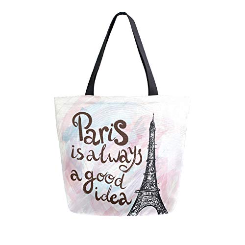 ALAZA Large Canvas Tote Bag Paris Always Good Idea Eiffel Tower Shopping Shoulder Handbag with Small Zippered Pocket