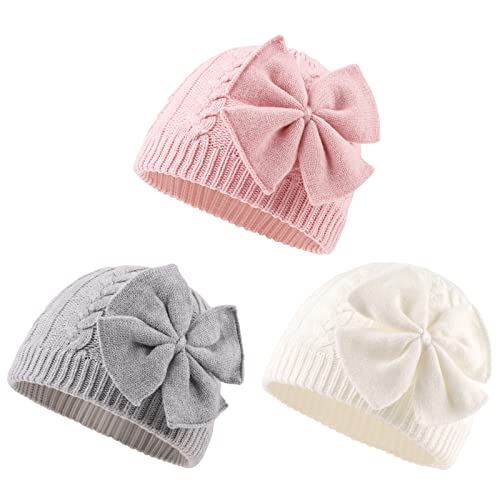 Image of JANGANNSA Winter Warm Knitted Baby Hat for Girls Cotton Lined Infant Toddler Hat Autumn Cute Bow Classic Girls Beanie 0-6Y