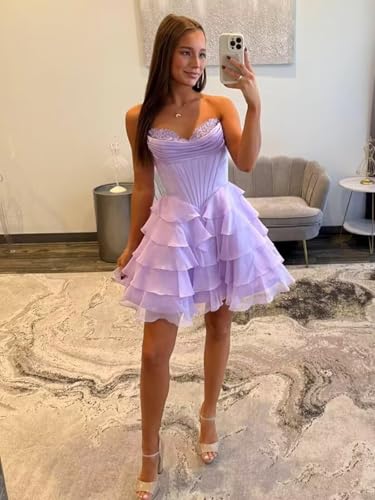 ForElise Strapless Satin Homecoming Dresses for Teens Tiered Ruffles Corset Short Prom Dress A Line Cocktail Party Gown2