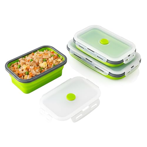 Image of The Better Home | Lunch Boxes | Food Grade Silicone | Airtight Lid Foldable Lunch Box Lightweight for Kids Office School | Pack of 3 1200ml 800ml 500ml | Microwave Safe Green