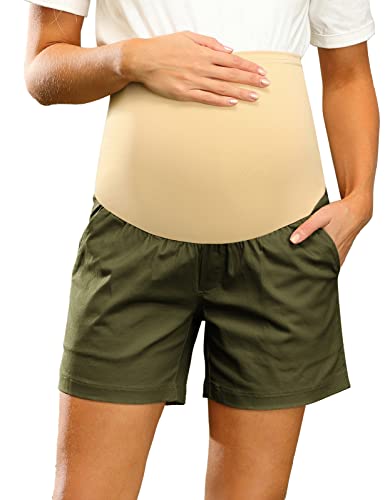 Maternity High Waist Shorts Full Panel Maternity Shorts with Pockets Olive Green M