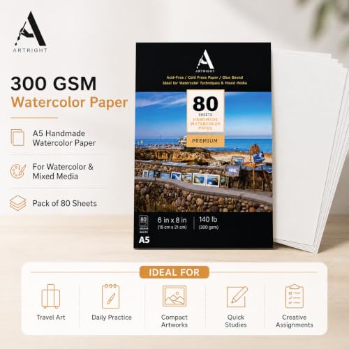 Image of ArtRight Artists Watercolor Paper (A5 Pack of 80 Sheets, 300 GSM); Handmade Watercolour Paper for Artists