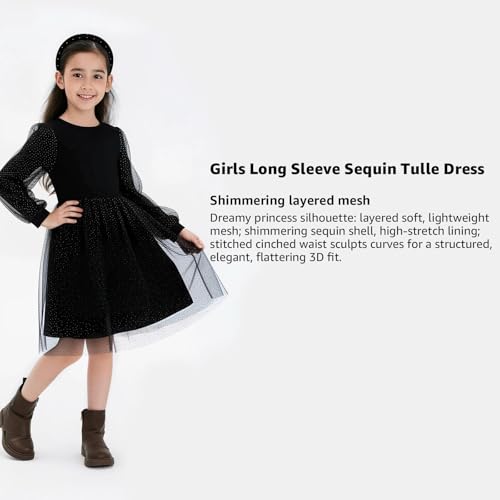 Little Bitty Girls Long Sleeve Sequin Tulle Dress Wave Pattern, Crew Neck Layered Lantern Sleeves Winter Christmas Black 6T — view 4