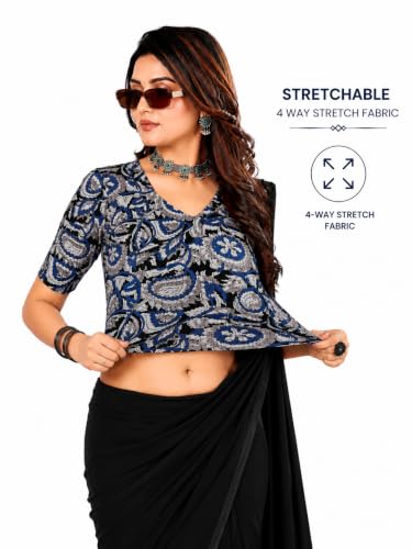 Image of Mogsa Women's Kalamkari Print Cotton Stretchable V-Neck Readymade Saree Blouse | Soft Cotton Blend | Stretch Fabric | Ready-to-Wear