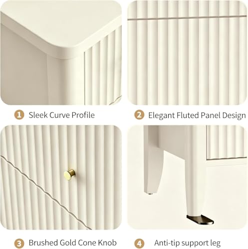 Image of Fatmok Fluted 3 Drawer Dresser for Bedroom Set of 3, 34 inch Wide Chest of Drawers, Modern Wood Nightstand End Table with Metal Handles, Striped Storage Cabinet for Living Room, Hallway, Alabaster White