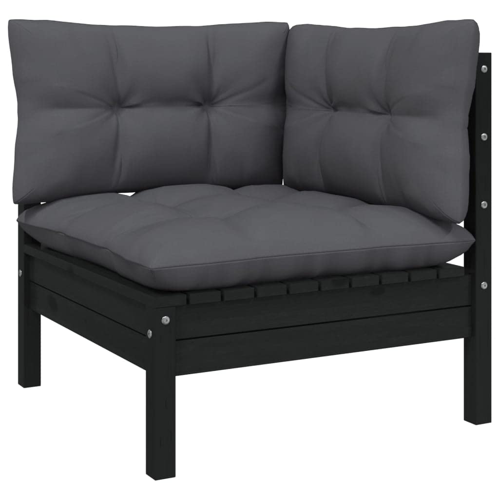 Salon de Jardin 3 Pièces en Bois de Pin Massif avec Coussins Anthracite - Ensemble Canapé d'angle et Table Basse Modulable pour Terrasse, Balcon et Patio - Noir