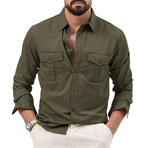 Thatrich Button Down Shirt Men Lightweight Casual Jackets Solid Long Sleeve Coats Slim Fit Fashion Fall Outfits with Pockets Army Green