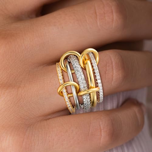 Gold Stackable Rings for Women, 14K Gold Plated Cubic Zirconia Rings, Silver Gold Multi Ring Mixed Metals Stackable Ring Set for Women Non Tarnish2