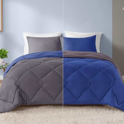 Image of Comfort Spaces Vixie 3 Piece Comforter Set All Season Reversible Goose Down Alternative Stitched Geometrical Pattern Bedding, King, Navy /Charcoal