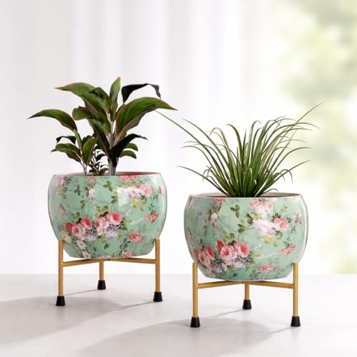 Image of Handicraft Indoor Plant Meena Pots with Stand Set of 2 | Decorative Pot for Indoor Plants Rust Free Metal Plant Pots for Living Room, Balcony and Garden (Green)