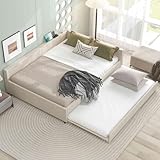ATY Queen Size Daybed with Twinsize Trundle and Charging Station, Wooden L-Shaped Platform Bedframe w/Backrest, No Box Spring Needed, for Bedroom, Guestroom, Save Space,Beige