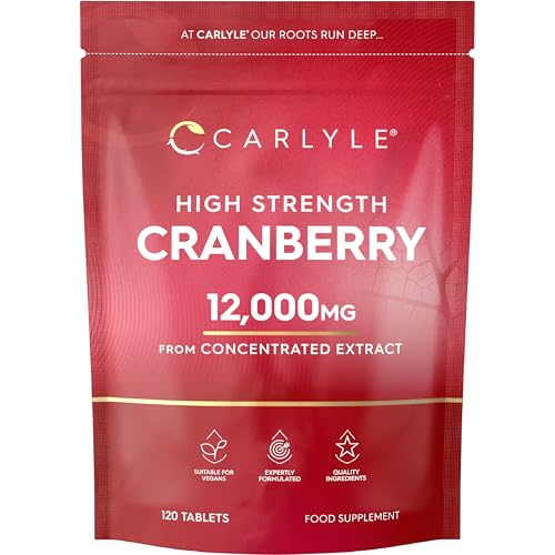 Cranberry Tablets for Women & Men 12,000mg | 120 High Strength Vegan Supplements | 2 Months Supply | 50:1 Cranberry Concentrate Extract | Carlyle