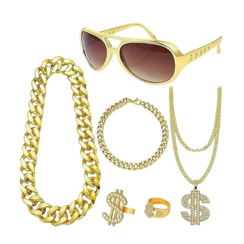 Pjeghbvop 6PCS Hip Hop Punk Styles Dollarzeichen Halskette und Ringe Brillen Jugendmode Accessoire für trendige Modebegeisterte Trendiger Streetwear Schmuck