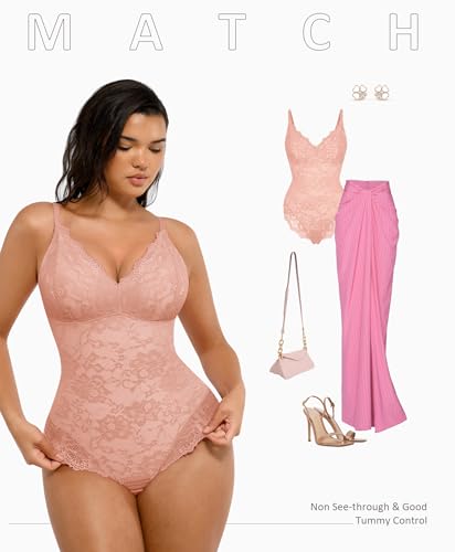 Image of FeelinGirl Shapewear Bodysuits for Women Lace Shapewear Tummy Control V-Neck Sleeveless Bodysuit Tops Jumpsuit