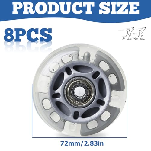 8 Stück Inline Skate Rollen, 72MM silbertransparent inliner Rollen mit 16 Stück Kugellager, Blinkende Räder, Inline Skate Räder inliner rollen, Rollen für inline-skates, Inline Skate Teile Räder