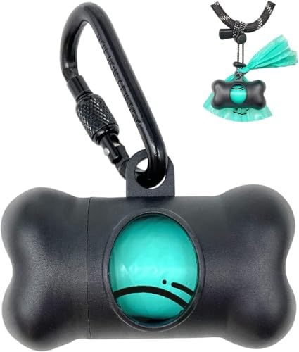 Dog Poop Pickup Bags Holder Dispenser with Standard-Sized Leak-Proof Scented Doggy Waste Bags and Carabiner with Safety Lock&Fastener Never Loose on Leash Lead Again (1 Holder 15 Bags, Black)