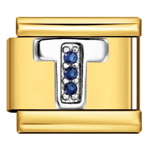 Image of Mon & Sons T Crystal 18k Gold Letter Initial Name Tag Alphabet Personalised Birthday Silver Italian 9mm Link Stainless Steel Bracelet Charm Compatible With 9mm Link