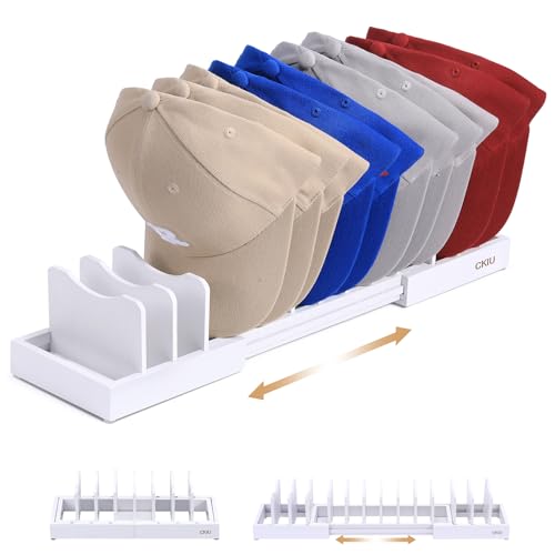 Image of Expandable Hat Stand for Baseball Caps, Bamboo Hat Organizer for 7 to 13 Baseball Caps, Hat Holder for Closet, Bedroom, Dresser, and Shoe Cabinets (White)