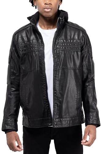 X RAY Mens Faux Leather Jacket with Hood, Grainy PU Leather Jacket