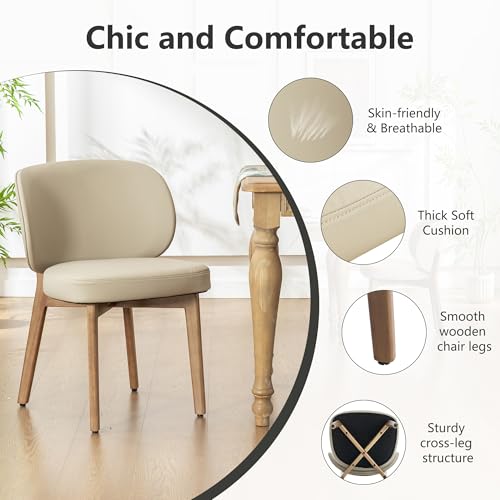 Image of YOUNIKE Single Dining Chair Modern Kitchen Dining Room Chair Khaki | Faux Leather Upholstered Armless Side Accent Chair with Back 20.1 inch Wide Padded Seat Wooden Legs for Living Room Bedroom