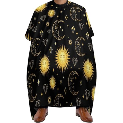Capa de cortar pelo con estampado de sol luna estrella oro negro repelente a líquidos