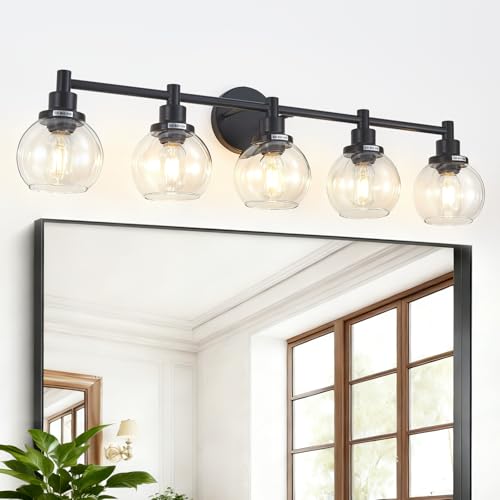 Image of 5-Light Bathroom Light Fixture Black Vanity Lights Over Mirror Modern Wall Sconce Farmhouse Vintage Bathroom Vanity Lighting with Glass Shade for Bedroom Hallway Cabinet Bathroom