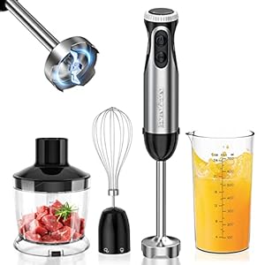 Bonsenkitchen Pureerstaaf, 4-en-1 staafmixer elektrisch, 1000 W, traploze snelheden, roestvrij staal, garde, 500 ml hakbeker en 700 ml maatbeker voor babyvoeding, HB3203 (zwart)