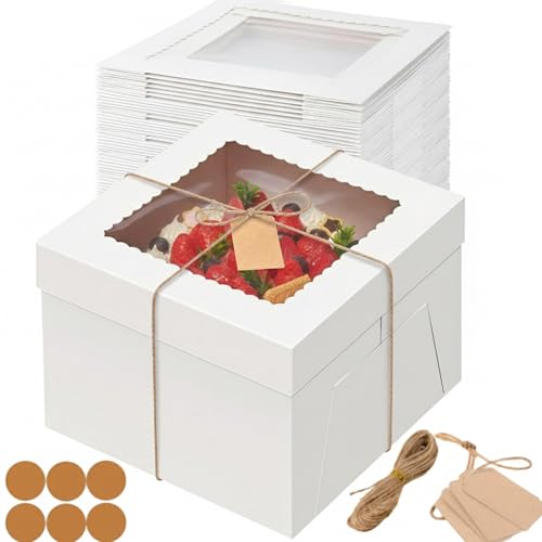 Lot de 5 boîtes à gâteau 25,4 x 25,4 x 20,3 cm avec fenêtre, kit complet de transport de gâteau avec 5 planches rondes blanches, autocollants, corde et plaques de suspension pour gâteaux, pâtisseries