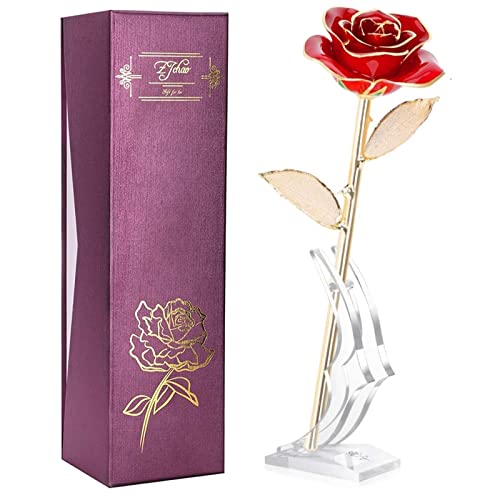 24K Red Rose Gold Leaf Christmas Her, Eternal Preserved Long Stem Rose with Golden Leaf, Valentine's Day, Wedding Anniversary, Birthday, Graduation, Mother's Day (Red gold