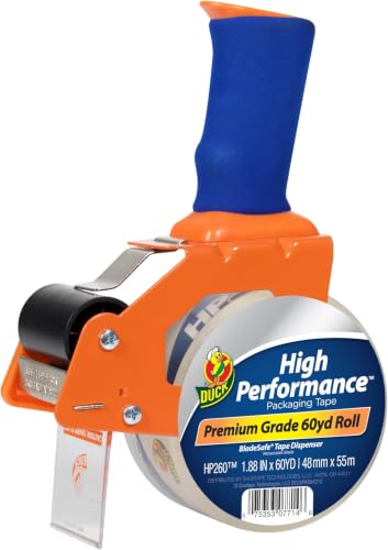 Image of Duck High Performance Clear Packing Tape with BladeSafe Dispenser -Tape Gun with HP260 Strong Packaging Tape for Shipping,Moving, Mailing & Boxes-3 inch Core, 1.88 inch x 60 Yards, Clear (1078566)(Pack of 6)
