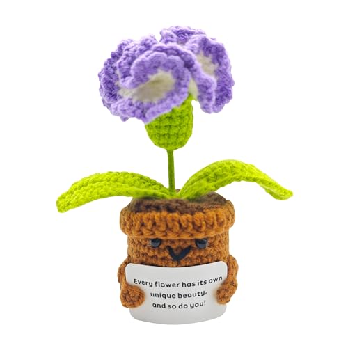 KEKEMEOW Positive Carnation 5 inch Handmade Knitted Wool Doll with Positive Card for Cheer Up Gifts Emotional Support Crochet Carnation Doll for Birthday Gifts Home Decoration