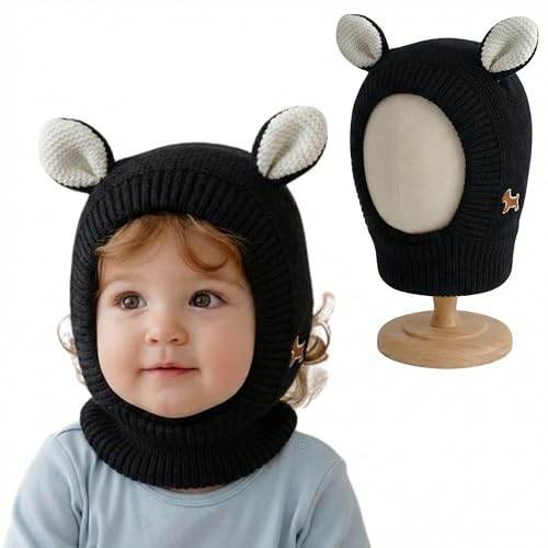 Image of Kraptick Winter Warm Ear Protection Knitted Woolen Unisex Baby Cap with Cute Animal Ears, Soft Fleece Lined Knit Hat with Ear Flaps, Stretchable Monkey Cap for Cold Weather -1