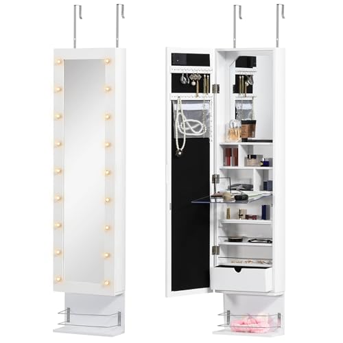 HOMCOM Mirror Jewelry Cabinet Armoire, Jewelry Organizer with 18 LED Lights, Wall-Mounted and Over-The-Door Cabinet with 3 Mountable Heights, Drawer and Open Shelf, White