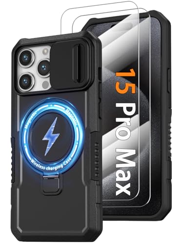 Phone Case for iPhone 15 Pro Max, with Magnetic Ring Stand [2X Glass Screen Protector] [Compatible with MagSafe] Military Grade Case with Camera Cover, Shockproof Cover for iPhone 15 ProMax, Black