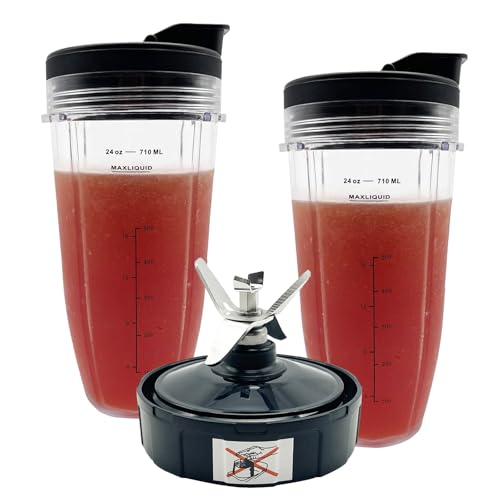 Blender 24 oz Cups with Lids & 7 Fins Extractor Blade Replacement Parts Compatible with Nutri Ninja Auto iQ AMZ493BRN BL450-30 BL456-30 BL480-30 BL480D BL482-30 BL494 BL642 BL682 BN401 BN801 CT682SP by GENQORN - Used condition - US$27.13