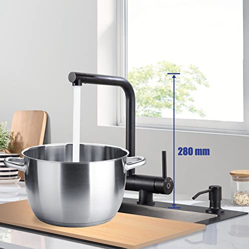 Robinet Cuisine Noir, CECIPA Mitigeur Cuisine Rabattable Sous Fenêtre, Robinet de Cuisine avec Haut Bec Pivotant à 360°et Démarrage à Froid, Mitigeur Evier Cuisine en Acier Inoxydable, Forme de L