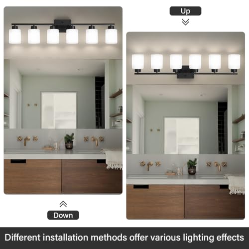 Image of FonmYim Black Bathroom Light Fixtures, 6-Light Modern Vanity Light Over Mirror, Wall Sconces with Milky White Frosted Glass Shades, E26 Socket (Bulbs Not Included)