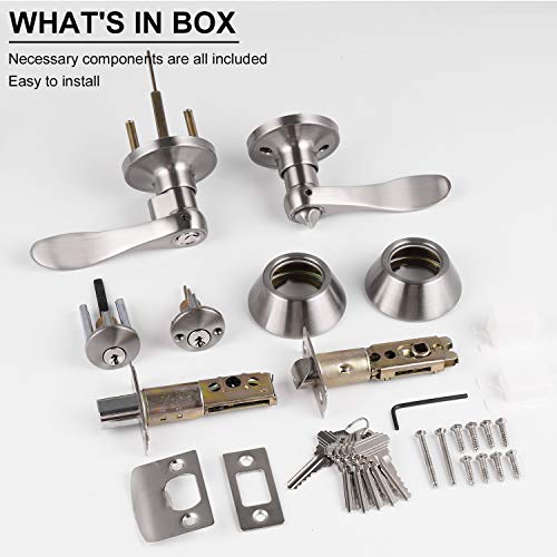 Knobonly 4 Pack Front Door Entry Lever Lockset And Double Cylinder Deadbolt Combination Set, Satin Nickel- All Keyed Alike(Same Keys) #TOP6