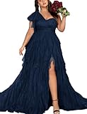 Women's Plus Size Wedding Guest Long Dress One Shoulder Summer Maxi Elegant Evening Party Cocktail Gown for Bridesmaid Prom Navy Blue 2XL
