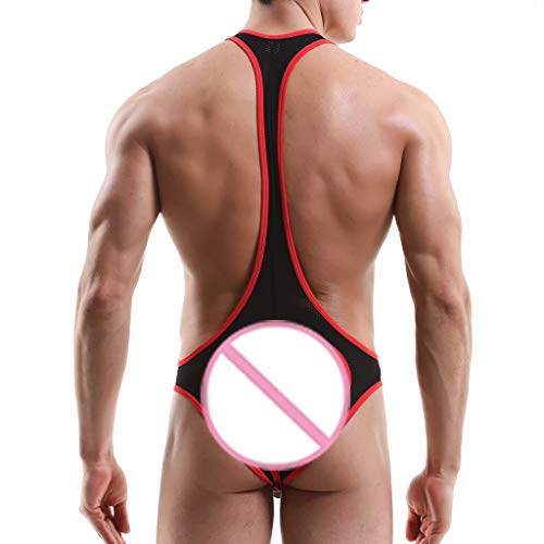 QIBOOG Men Jockstrap Wrestling Singlet Leotard Underwear Suspenders Singlet Bodysuit Mesh See Through One-Piece Jumpsuit(Dark Blue,S)