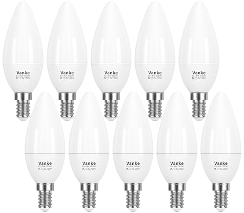 Image of Vanke E14 LED Light Bulb, Warm White 2700K Yellow Light, 6W (40 Watts Equivalent), 470 Lumen LED Candle Bulb, SES Small Edison Screw Light Bulbs, Non-Dimmable, Pack of 10