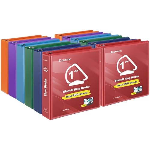 COMIX Sturdy 1 Inch Binders 3 Ring with Clear View Cover, 1\" Slant-D Ring View Binder Holds 225 Sheets of US Letter Size Paper, 12 Pack (Multicolored)
